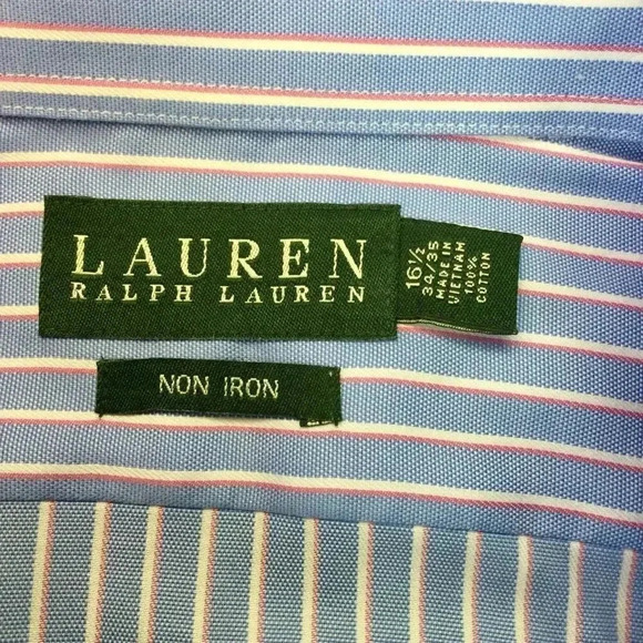 Lauren Ralph Lauren Mens Blue White Striped Non-Iron Button Down Shir Size 16.5 - Picture 3 of 9
